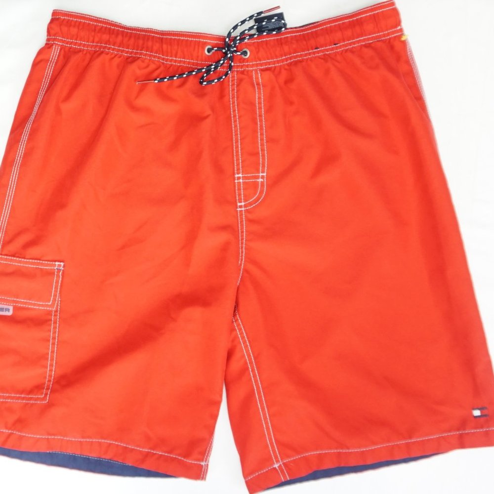 Tommy Hilfiger Men's Large Swim Trunks Red Blue Lined Flag Logo Bathing Suit